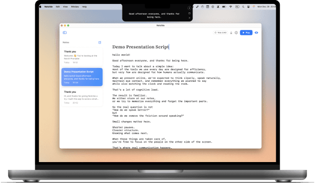 MacBook showing Notchie teleprompter in action