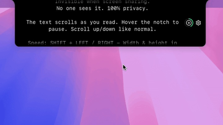 Notchie teleprompter demonstrating keyboard shortcuts and hover-to-pause functionality for controlling scroll speed during presentations